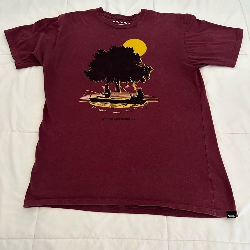 Vans Off The Wall Mens T Shirt Large L Custom Fit Burgundy Logo Cotton Casual